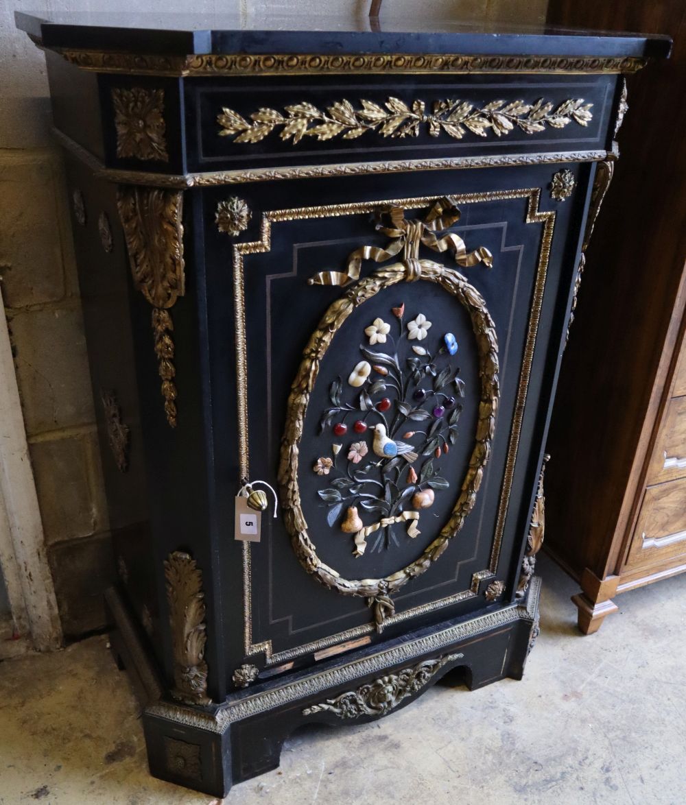 A Victorian ebonised gilt metal and hardstone mounted pier cabinet with black slate top, width 83cm, depth 44cm, height 110cm